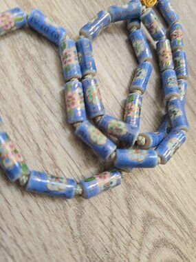 Vintage Chinese Porcelain Tube Floral  Blue Strand Necklace 12" Drop